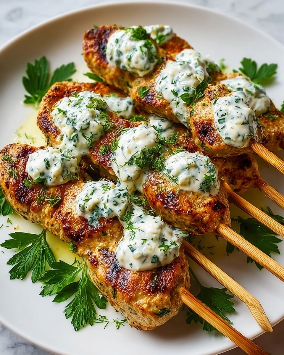 The image shows a close-up of multiple small, oval-shaped grilled meat pieces arranged tightly on a metal grill pan. Each piece has a browned, slightly crispy outside with small green herb pieces and red chili bits visible inside the juicy meat. Fresh green herbs are sprinkled on top of the meat for garnish. The background includes some blurred green leaves and a red tomato, while the surface underneath is a white marbled texture. The metal grill pan has a shiny surface and the meat pieces appear well-cooked with grill marks. photo taken with an iphone --ar 4:5 --v 7