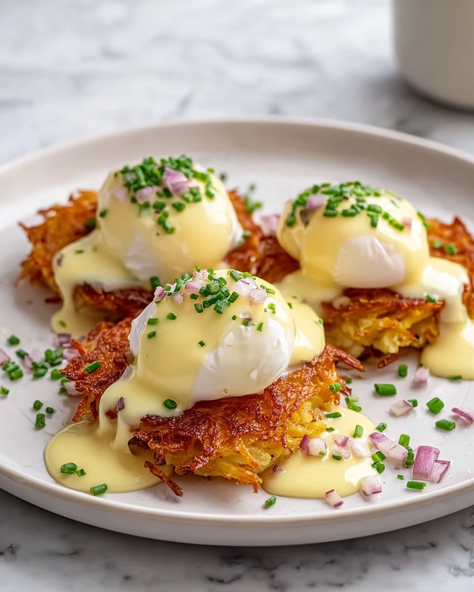 Three crispy golden-brown potato pancakes form the bottom layer on a white plate, each topped with a smooth, white poached egg with a slightly runny yolk. A pale yellow creamy sauce gently drips down from each egg onto the potato base and the plate. Small pieces of finely chopped red onion and bright green chopped chives are sprinkled on top and around the dish. The plate sits on a white marbled surface. photo taken with an iphone --ar 4:5 --v 7