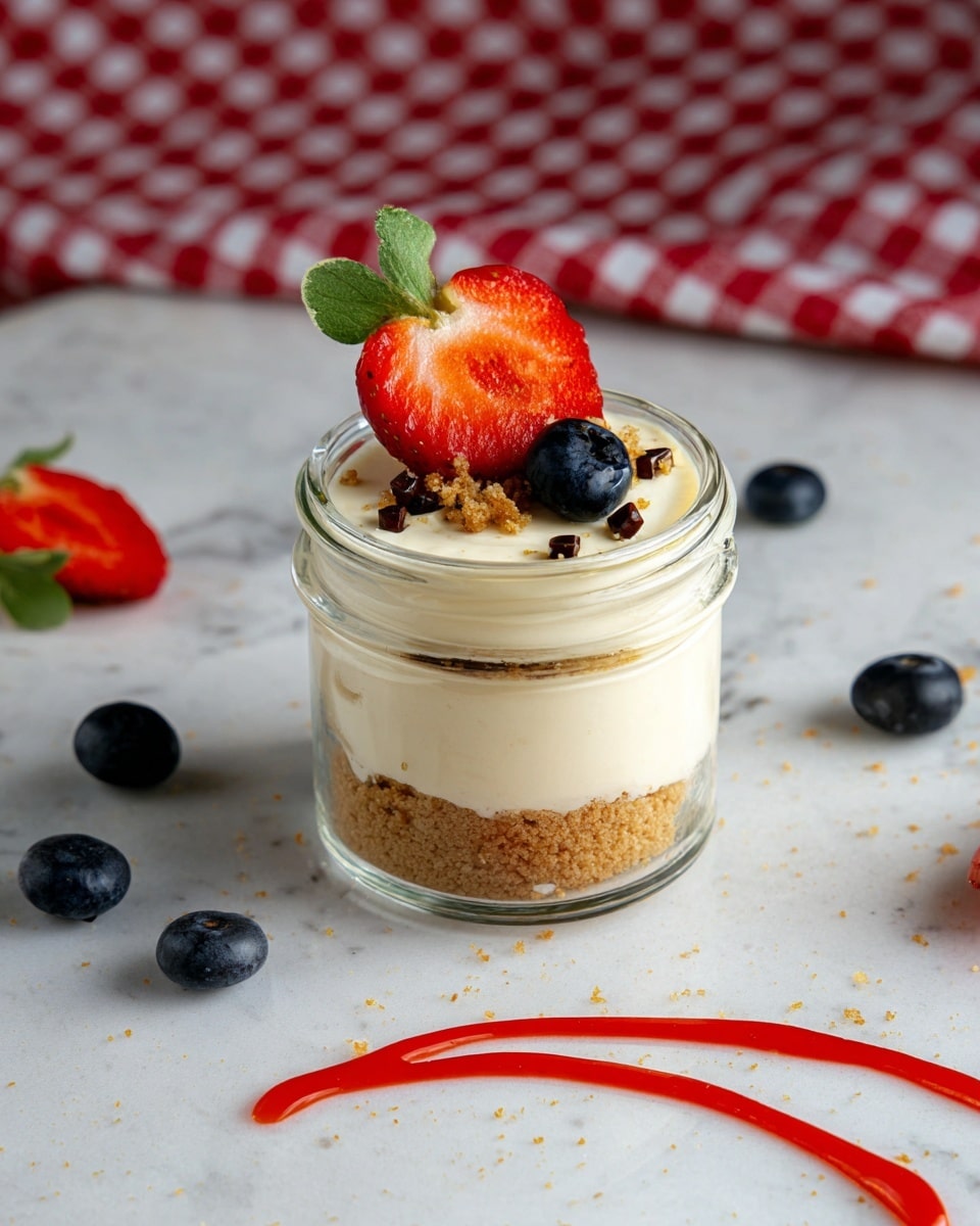A small clear glass jar holds a dessert with three layers: a bottom crumbly light brown layer, a thick smooth white cream layer in the middle, and a top layer of the same creamy white texture. On top, there is a half red strawberry with green leaves, small dark brown bits sprinkled near the center, and a single dark blue blueberry next to a small green leaf. The jar sits on a white marbled surface, scattered with whole blueberries and a strawberry half near the front, and a thin curved line of bright red sauce nearby. In the background, there is a red and white checkered cloth. photo taken with an iphone --ar 4:5 --v 7