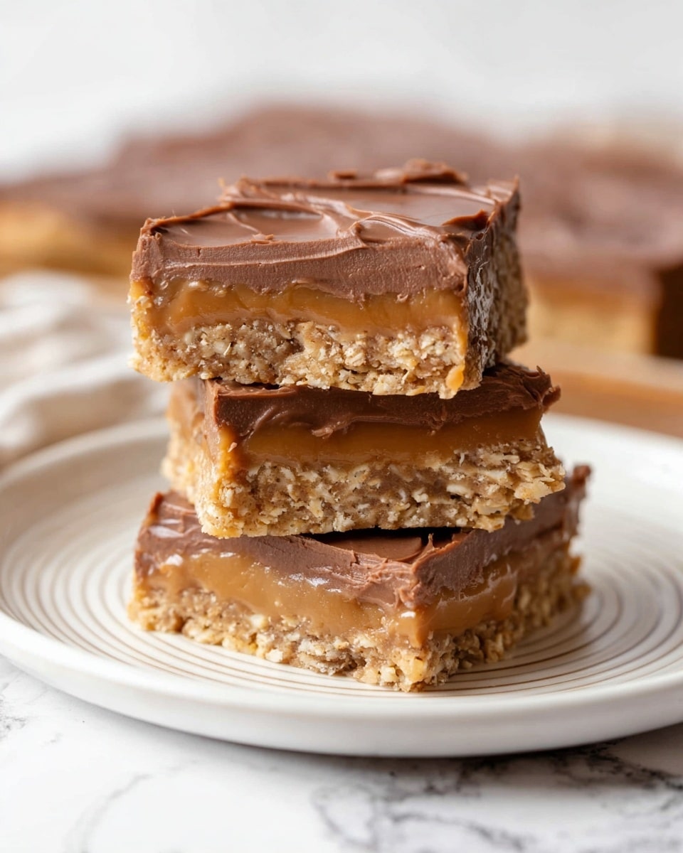 Three stacked dessert bars sit on a white plate with faint circular lines. Each bar has three layers: the bottom layer is a textured light brown oat and nut mixture, the middle layer is a smooth caramel-colored filling, and the top layer is thick, glossy milk chocolate frosting, spread evenly with slight swirls. The background features a soft white marbled texture that is out of focus, and a woman's hand holding one bar can be partly seen near the plate. photo taken with an iphone --ar 4:5 --v 7