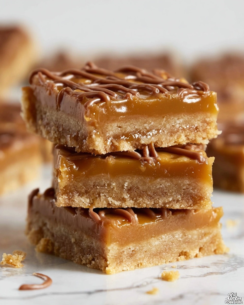 The image shows a stack of three dessert bars on a white marbled surface, each bar having two layers: a dense, crumbly light brown base and a gooey, shiny caramel layer on top, with a drizzle of smooth, milk chocolate forming wavy lines on the very top bar. The texture of the caramel is slightly sticky and uneven, while the base appears firm with small crumbs around it. In the background, blurred pieces of the same bars can be seen, giving a cozy and inviting feel to the image. Photo taken with an iphone --ar 4:5 --v 7