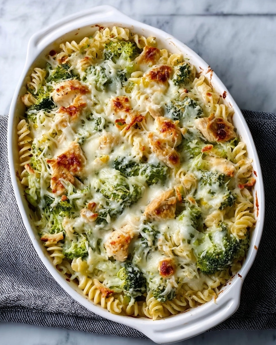 The image shows a white oval baking dish filled with a baked pasta casserole on a white marbled surface with a gray cloth underneath. The dish has three main layers: at the bottom, a bed of spiral pasta with a light cream color and soft texture; in the middle, bright green broccoli florets are mixed evenly with the pasta, adding a fresh and vibrant contrast; on top, there are golden-brown pieces of cooked chicken scattered around, partially covered by a melted layer of creamy white cheese that spreads across the surface and has a slightly bubbly and browned appearance in spots. Photo taken with an iphone --ar 4:5 --v 7