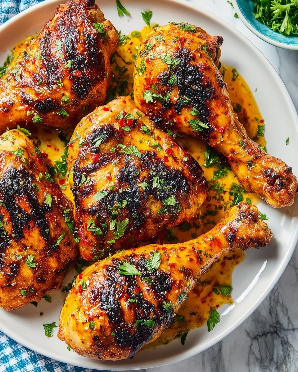A white plate is filled with five pieces of grilled chicken, some drumsticks and some thighs, each with a shiny, dark golden brown charred crust. The chicken is coated in a thick, sticky orange glaze with red specks and sprinkled with fresh green parsley leaves. The glaze pools slightly around the chicken, adding a glossy texture. The background has a white marbled texture with a blue and white checkered cloth peeking from the bottom left corner. photo taken with an iphone --ar 4:5 --v 7