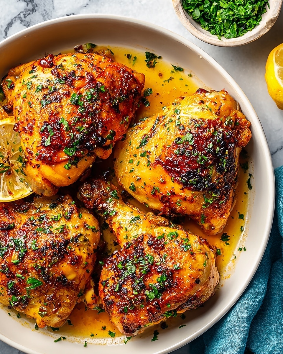 A round white bowl filled with four golden brown roasted chicken pieces, each with a crispy texture and slightly charred edges. The chicken is garnished with finely chopped green herbs sprinkled evenly on top, adding a fresh contrast. Small pools of glossy sauce with a light orange tint sit beneath the chicken thighs and drumsticks, enhancing their juicy appearance. A slice of lemon is partially visible in the bowl, adding a bright yellow accent. The bowl rests on a white marbled textured surface, with a small white bowl of chopped greens and a blue cloth nearby. photo taken with an iphone --ar 4:5 --v 7