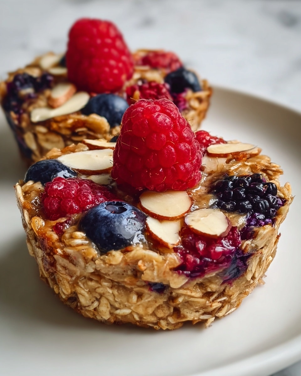 The image shows two oatmeal cups placed on a white plate on a white marbled surface. Each oatmeal cup consists of a base layer made of baked oats combined with visible whole oats and a mixture that looks moist but firm. Embedded within this oat base and scattered on top are mixed berries including bright red raspberries, deep blue blueberries, and dark purple blackberries. Thinly sliced almonds are sprinkled over the top along with a drizzle of smooth honey, adding a glossy texture. The oatmeal cups are round, thick, and slightly raised, with the raspberries prominently sitting on top of the layers. Photo taken with an iphone --ar 4:5 --v 7