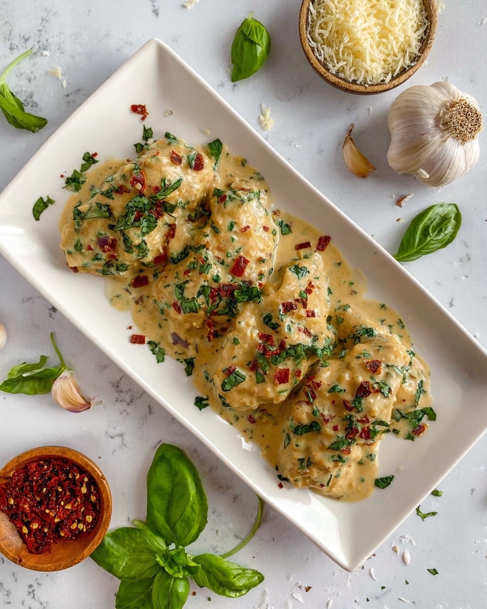 The dish shows four irregularly shaped pieces on a white rectangular plate, covered in a light beige creamy sauce with a slightly chunky texture. Each piece is sprinkled with finely chopped dark green herbs and small red bits scattered evenly on the surface. The plate is set on a white marbled texture background with whole garlic bulbs, garlic cloves, fresh green basil leaves, grated cheese, and a small wooden bowl with red bits placed around it, creating a fresh and rustic look. photo taken with an iphone --ar 4:5 --v 7