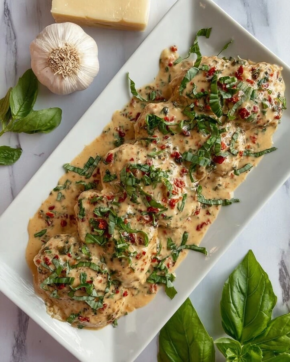 The dish features four thick, irregularly shaped pieces covered by a creamy beige sauce spread evenly over each piece. The sauce has small green and red bits mixed in and is topped with fresh chopped dark green basil leaves, scattered generously over all pieces. The dish is served on a long white rectangular plate, placed on a white marbled surface. Around the plate, there are whole garlic bulbs, a block of cheese, and some fresh green leaves visible. Photo taken with an iphone --ar 4:5 --v 7