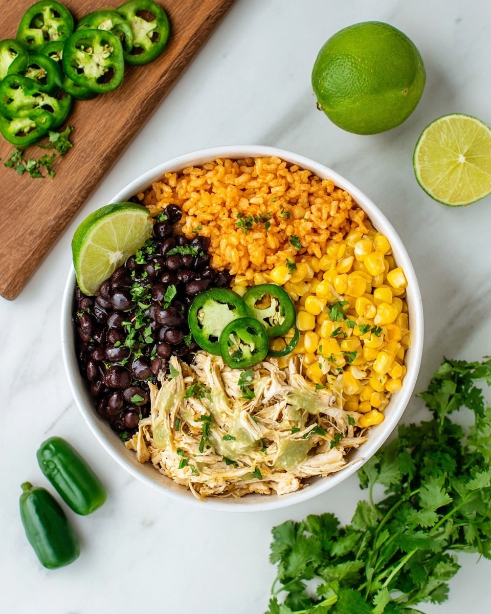 A white bowl filled with four clear layers arranged side by side: dark purple black beans in the top left, bright orange rice in the top right garnished with a green lime wedge, shredded white chicken with light green sauce and cilantro in the bottom left, and bright yellow corn with bits of green cilantro in the bottom right; two slices of fresh green jalapeño pepper rest on the chicken layer, all placed on a white marbled surface. photo taken with an iphone --ar 4:5 --v 7