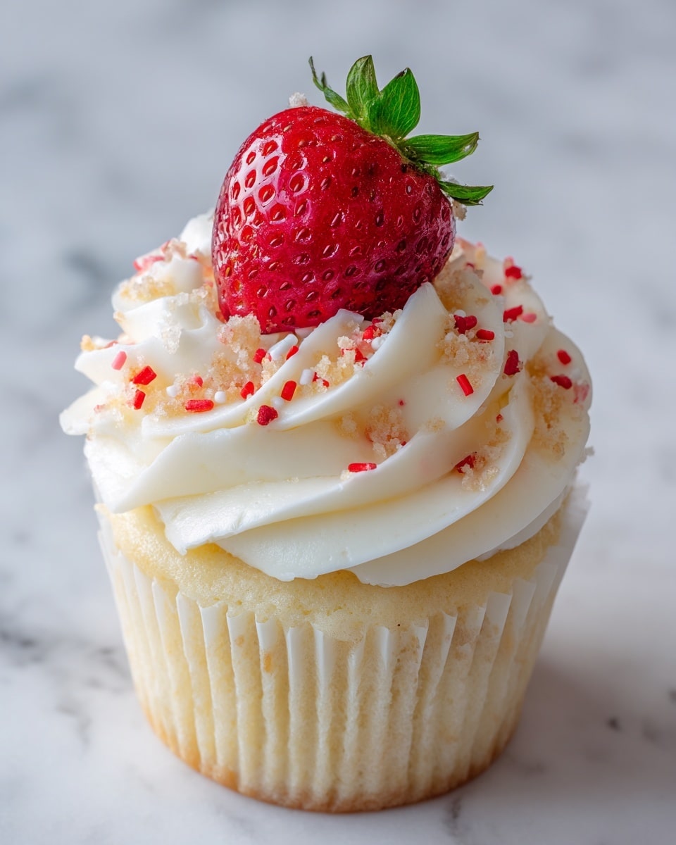 A close-up view of a cupcake with one visible layer of white, soft cake at the bottom, covered with thick swirls of smooth white frosting on top. The frosting is decorated with small, crumbly red and light beige sprinkles that are scattered unevenly across the surface. A bright red, juicy half strawberry with visible seeds and a small green tip is placed upright on the frosting, dominating the top layer. The cupcake sits on a white marbled surface. photo taken with an iphone --ar 4:5 --v 7
