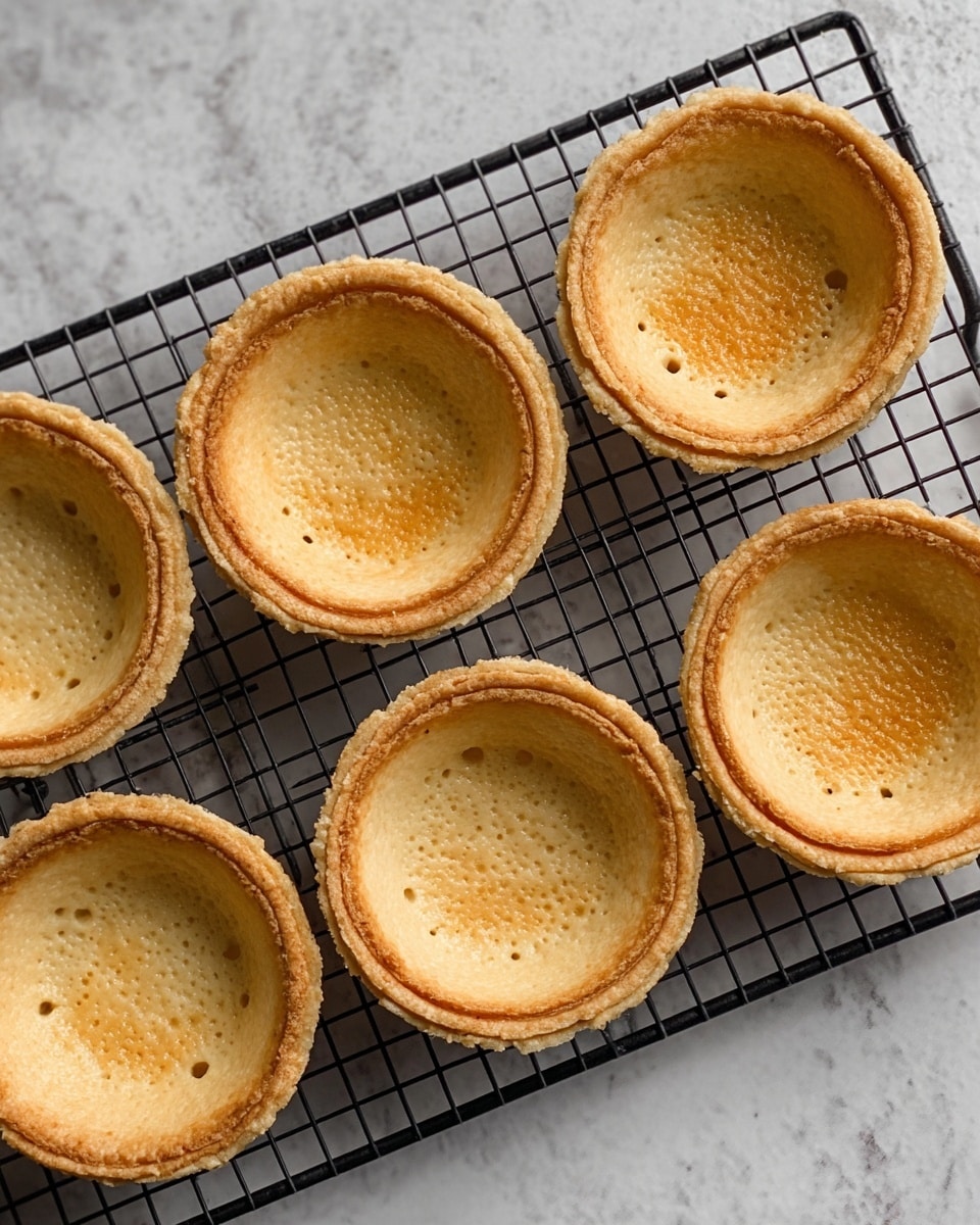 The image shows a stack of five light golden-brown crispy hollow bowls made from thin fried dough, each with a rough, bubbly texture and slightly curled edges, placed on a black wire rack over a white marbled surface. Next to the stack, one hollow bowl lies on its side, revealing the inside which is evenly fried with small holes on the base. In the background, there is a blurred green leafy plant, and the overall setting has soft natural lighting with a dark gray blurred backdrop. Photo taken with an iphone --ar 4:5 --v 7