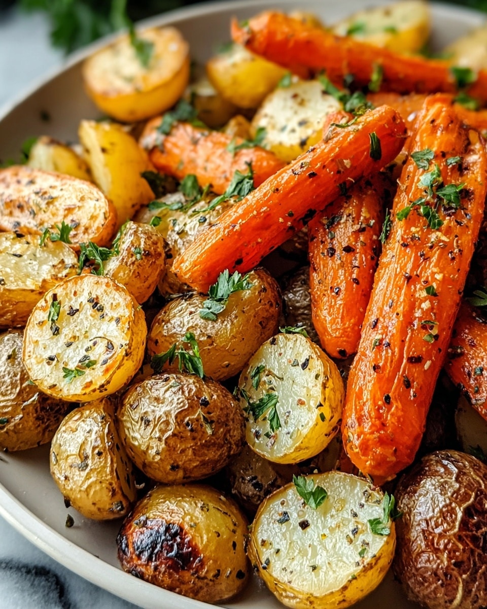 The image shows several pieces of roasted vegetables piled together, including golden brown potato wedges with skins on and bright orange carrot slices. The vegetables are sprinkled with small green herb bits and black pepper, giving a seasoned look. The potato wedges have a crispy, browned surface, while the carrots appear soft but still hold their shape. The texture is slightly oily and shiny, indicating they are roasted. The background is a white marbled surface. photo taken with an iphone --ar 4:5 --v 7