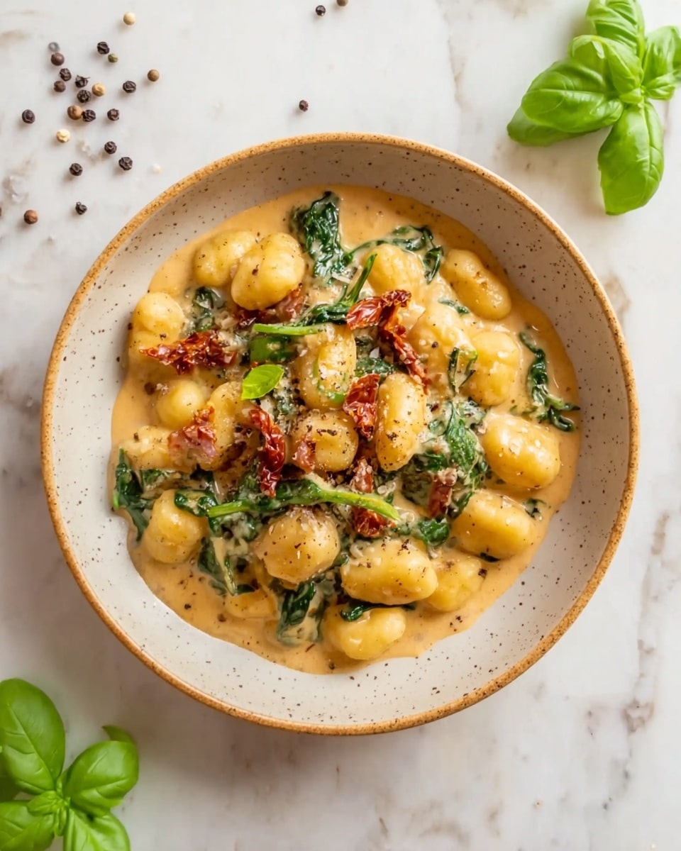 A bowl of gnocchi coated in a creamy, light orange sauce sits in the center of the image. The gnocchi pieces are plump and soft-looking, mixed with bright green spinach leaves and small strips of sun-dried tomatoes that add a reddish-brown contrast. The sauce has a smooth texture, evenly covering the gnocchi and greens, with some black pepper sprinkled on top for extra detail. The dish is served in a speckled bowl with a light brown rim placed on a white marbled surface. Nearby are scattered whole peppercorns and fresh basil leaves, adding freshness to the scene. Photo taken with an iphone --ar 4:5 --v 7