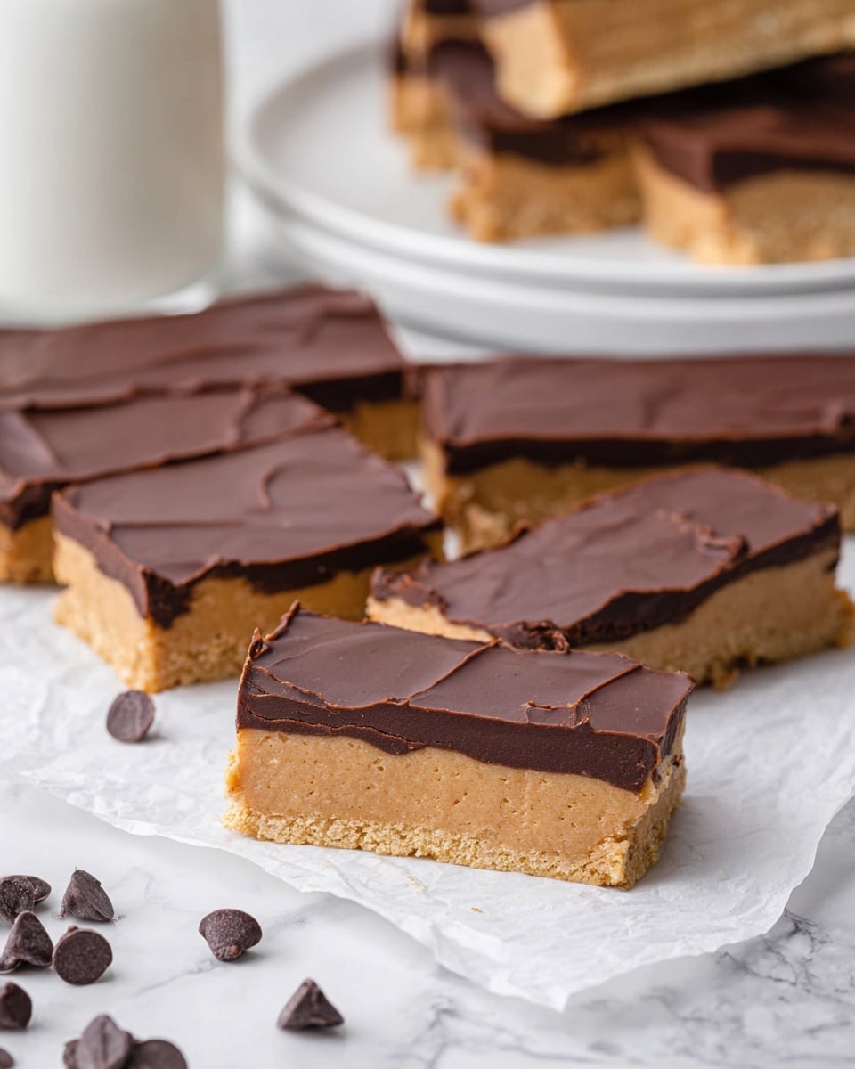 The image shows several rectangular bars with two clear layers. The bottom layer is thick, light tan in color, and looks soft and crumbly. The top layer is a smooth, dark brown chocolate coating that is slightly cracked in places. The bars are cut evenly and sit on white parchment paper over a white marbled surface. Dark chocolate chips are scattered around the bars. In the background, there is a blurred white round plate holding more bars and a white container. Photo taken with an iphone --ar 4:5 --v 7