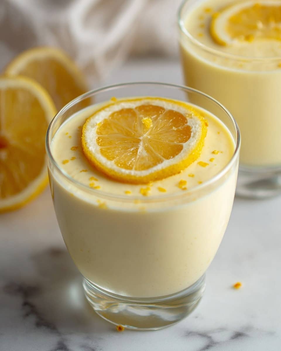 A clear glass filled with two layers of pale yellow creamy custard, smooth and thick in texture, topped with a thin, fresh lemon slice showing bright yellow color with a slightly translucent look. The glass sits on a white marbled surface, and small dots of lemon zest are visible scattered gently in the custard near the top. Another similar glass is partially seen in the background. photo taken with an iphone --ar 4:5 --v 7