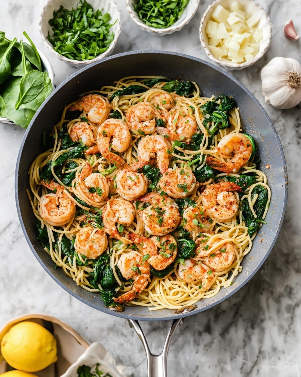 A white bowl holds a serving of spaghetti mixed with cooked spinach and topped with eight evenly spread grilled shrimp that have a reddish-orange color with grill marks. The pasta is pale yellow and looks lightly seasoned with herbs, visibly mixed with dark green spinach leaves. A silver fork is placed on the right side inside the bowl, slightly touching the pasta. Around the bowl, there is a white cloth napkin on a white marbled surface, with a white bowl of fresh spinach above and to the left, a white bowl containing two lemon halves above and further left, a garlic bulb with loose cloves to the right, and a small white dish filled with chopped green herbs at the bottom. Photo taken with an iphone --ar 4:5 --v 7