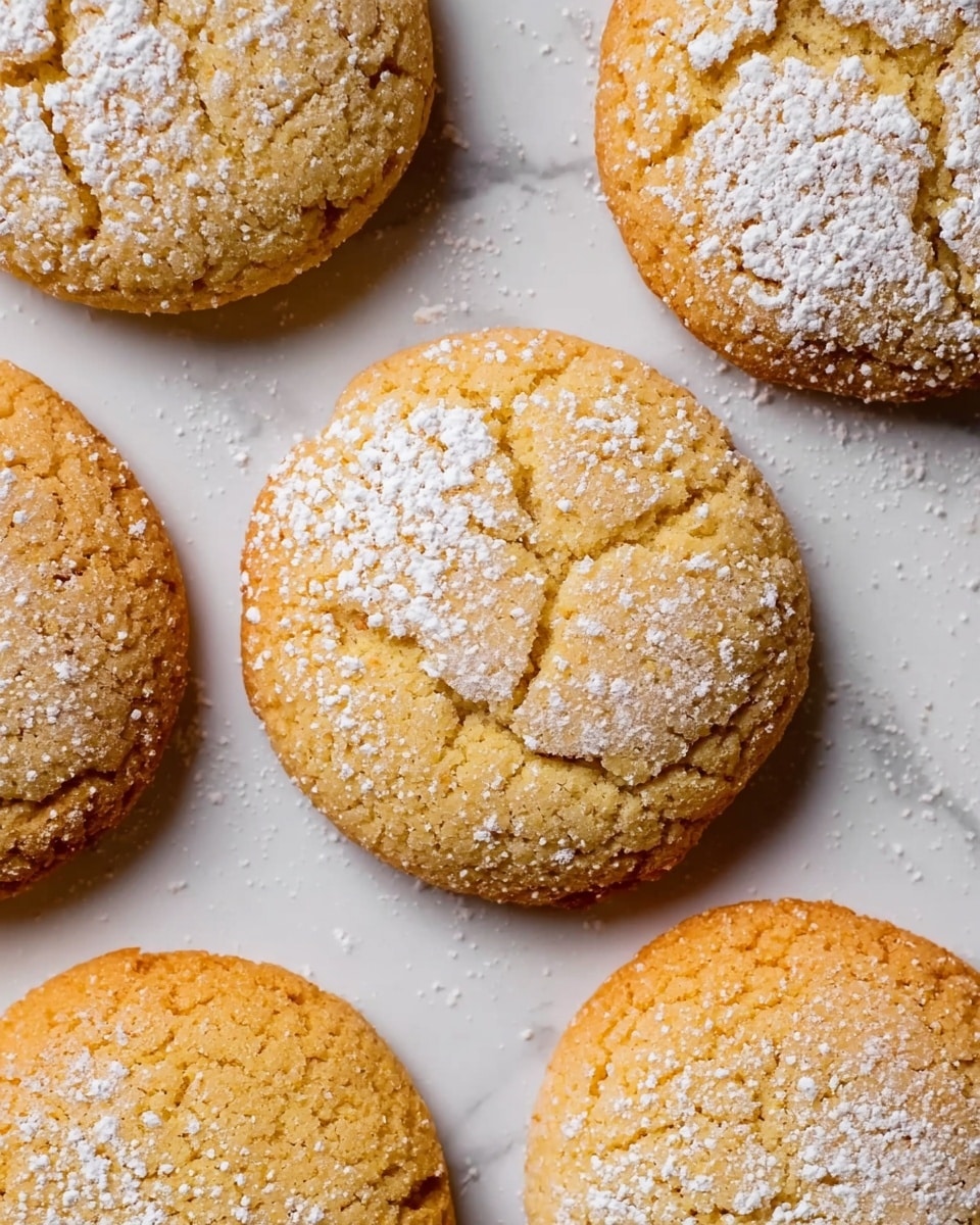 The image shows a close-up of six round cookies lying flat on a white marbled surface. Each cookie is golden brown with a slightly rough texture and small cracks on the surface. They are sprinkled lightly with white powdered sugar, giving a soft dusted look. The cookies are spaced evenly, showing their thick, soft edges with a light crust. photo taken with an iphone --ar 4:5 --v 7