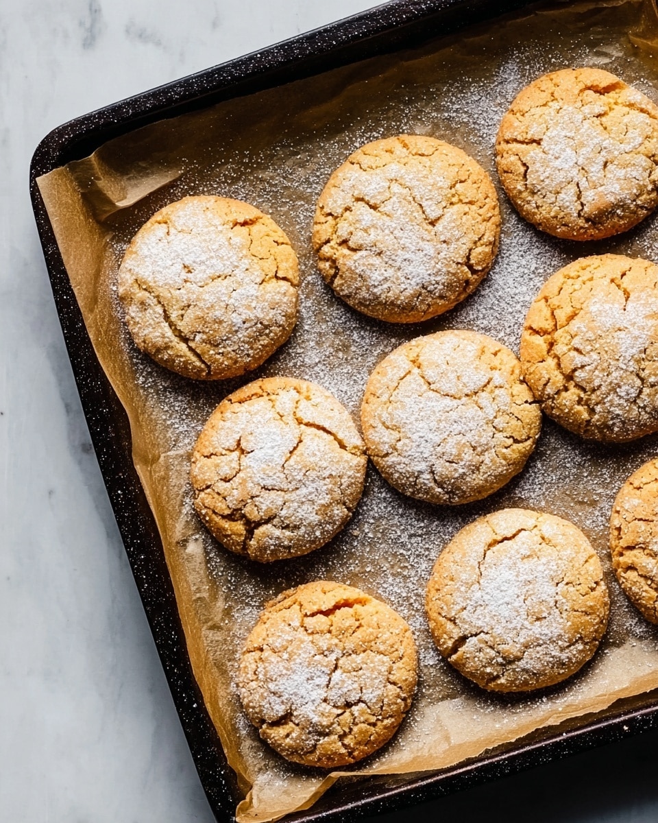 A close-up top view of a dark baking tray lined with wrinkled white parchment paper, holding eight round cookies arranged in two irregular rows; each cookie is golden brown with cracked tops showing a slightly crumbly texture, dusted lightly with powdered sugar, with some baked-on sugar scattered on the parchment paper around them, set on a white marbled surface. photo taken with an iphone --ar 4:5 --v 7