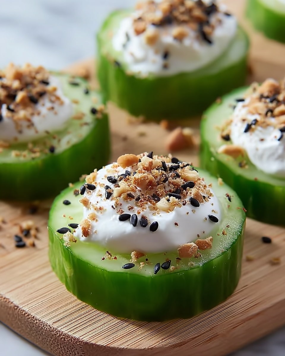 The image shows a close-up of a thick cucumber slice as the base layer, with its dark green skin and light green juicy flesh clearly visible. On top of the cucumber is a generous dollop of white cream, smooth and fluffy in texture. Sprinkled over the cream are small black seeds, light tan crushed nuts, and some off-white sesame seeds, creating a speckled look with varied textures. The cucumber slice rests on a wooden board, with hints of another similar cucumber slice blurred in the background, all set on a white marbled texture. photo taken with an iphone --ar 4:5 --v 7
