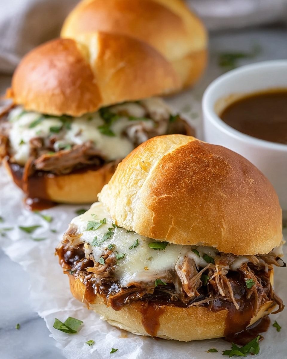 Two sandwiches sit on white parchment paper on a white marbled surface, each made with a soft, shiny golden-brown roll. The bottom layer is a thick layer of dark, glossy meat topped with shredded meat that has a mix of lighter and darker brown hues and a slightly stringy, moist texture. Melted white cheese covers the shredded meat, with small bits of green herb sprinkled on top. The top buns are lightly toasted with a smooth, glossy crust. In the background, a white bowl filled with brown sauce is slightly out of focus. Photo taken with an iphone --ar 4:5 --v 7