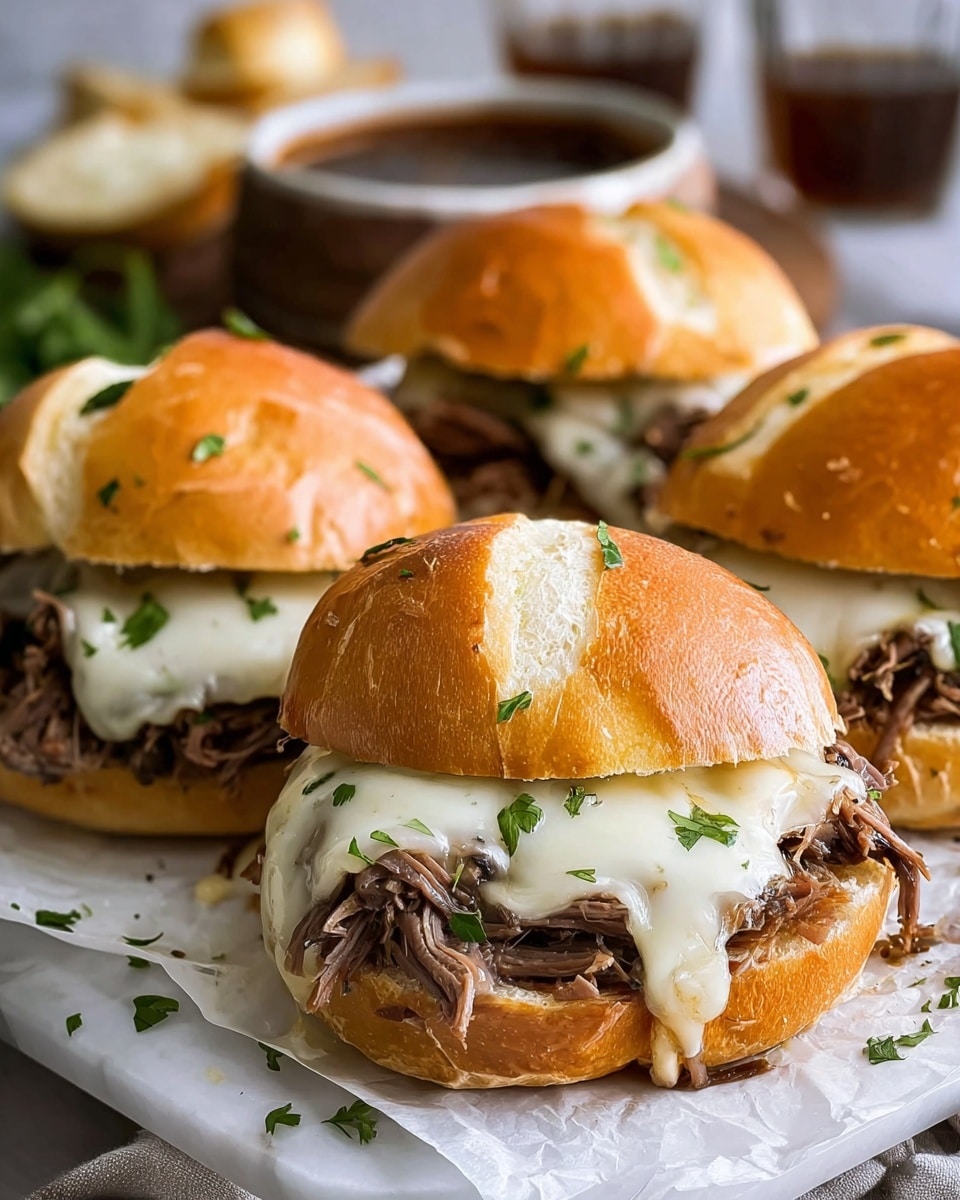 The image shows four roast beef sandwiches on soft, golden brown buns with a slightly cracked texture. Each sandwich has a base layer of shredded roast beef that is richly brown and juicy, topped with melted white cheese that drapes over the beef, pooling slightly at the edges. Small green parsley pieces are sprinkled on top of the cheese, adding a fresh pop of color. The sandwiches rest on white parchment paper which lies on a white marbled textured surface. In the background, blurred glasses and additional ingredients can be seen, enhancing the warm and inviting feel of the scene. Photo taken with an iphone --ar 4:5 --v 7