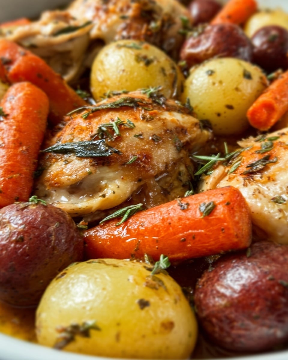 The dish shows a close-up of roasted chicken pieces mixed with small roasted potatoes in red, yellow, and brown colors, and thick-cut carrots. The chicken has a golden brown color with visible herbs like rosemary and small green leaves sprinkled on top. The potatoes have a slightly shiny texture with some herbs on their surface, and the carrots appear soft with a vibrant orange color. All elements are packed closely together, filling the space fully. The background is a white marbled texture. Photo taken with an iphone --ar 4:5 --v 7