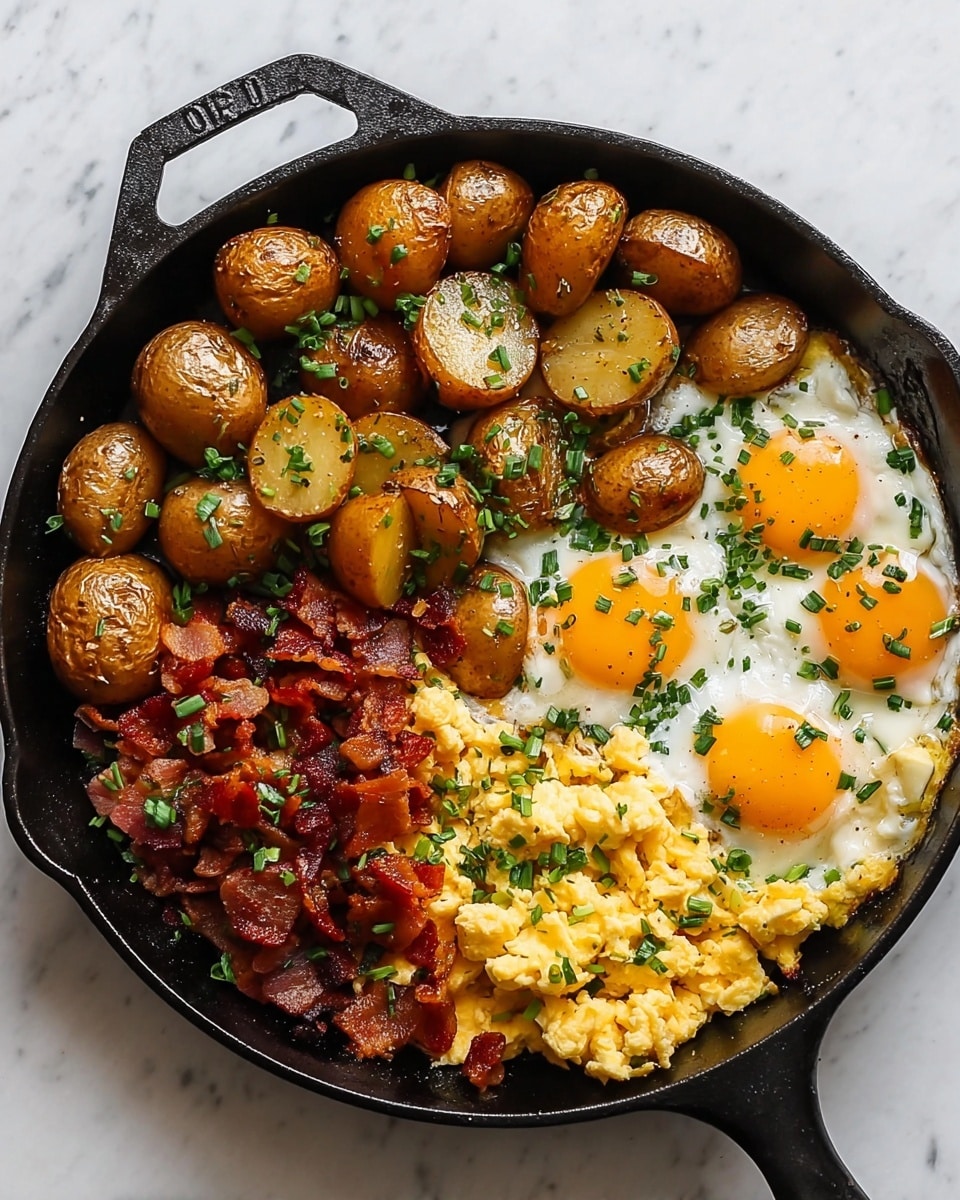 A black cast iron skillet sits on a white marbled surface, filled with a layered breakfast dish divided into four main sections. On the top left are whole and halved roasted baby potatoes with a golden brown skin and slightly crispy texture. Below the potatoes, there is a heap of finely chopped, crispy bacon bits with a rich reddish-brown color. Next to the bacon, scrambled eggs take up the bottom right portion, with a fluffy, bright yellow appearance and a soft texture. Finally, the top right corner features three sunny-side-up eggs with vibrant yellow yolks surrounded by cooked whites. The entire dish is sprinkled with chopped green herbs, adding a fresh green contrast. photo taken with an iphone --ar 4:5 --v 7