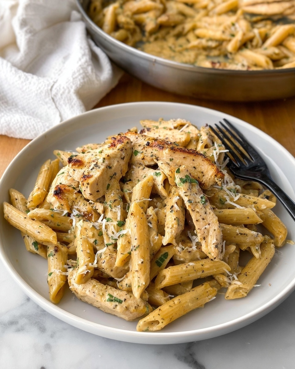A large silver pan filled with creamy pasta, topped with several pieces of grilled chicken strips that have a golden brown, slightly charred texture. The pasta is a light yellow penne coated evenly in a smooth, white cream sauce. Bits of chopped green herbs are scattered across the dish, adding small pops of color. Grated cheese is lightly sprinkled over the top, contrasting with the chicken and pasta layers. The pan rests on a wooden surface beside a white marbled background. photo taken with an iphone --ar 4:5 --v 7