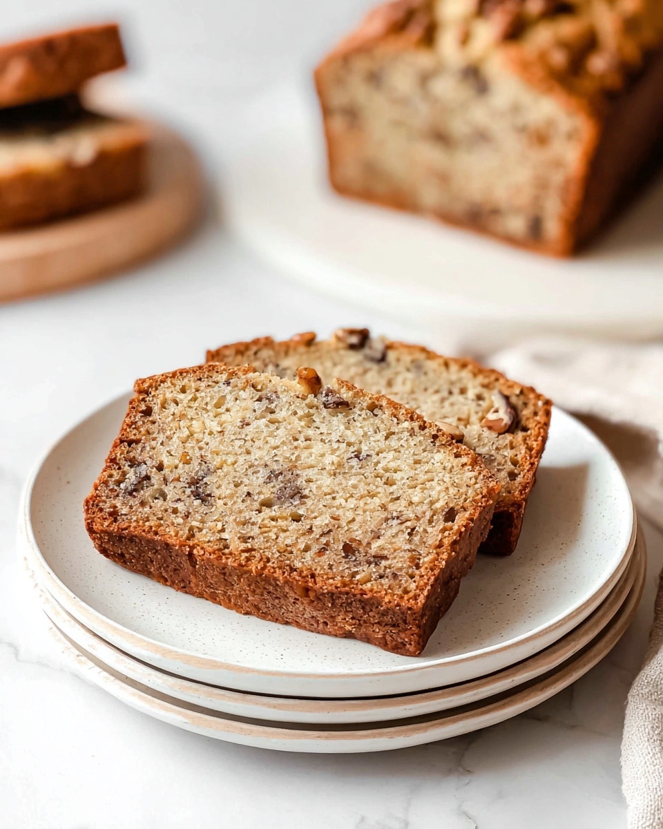 Two slices of nut bread with a golden brown crust and light brown inside speckled with dark nut pieces are placed on top of a white round plate. The bread has a slightly rough texture with visible nut chunks in every slice. The plate sits on three stacked white plates with thin speckled edges. In the background, more slices and a loaf of nut bread with a textured crust are partially visible against a white marbled surface. Photo taken with an iphone --ar 4:5 --v 7