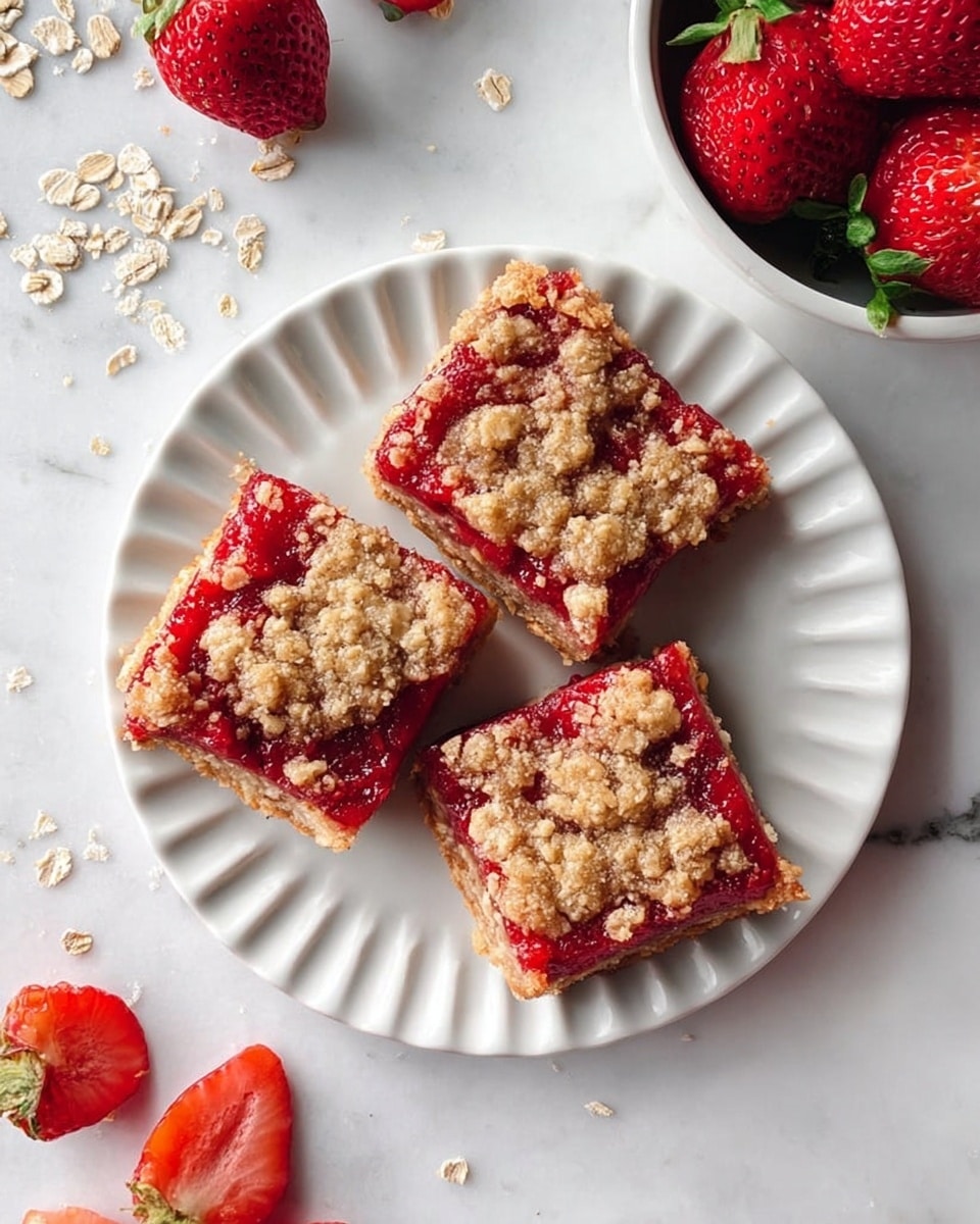 Three square pieces of strawberry crumble bars rest on a white plate with ridged edges, placed on a white marbled surface. Each bar has two layers: a thick, bright red strawberry filling layer topped with a golden-brown crumbly oat topping that looks crunchy and textured. Around the plate, there are a few scattered oat flakes and fresh whole and sliced strawberries. In the top right corner, a white bowl filled with ripe strawberries adds a fresh touch. photo taken with an iphone --ar 4:5 --v 7