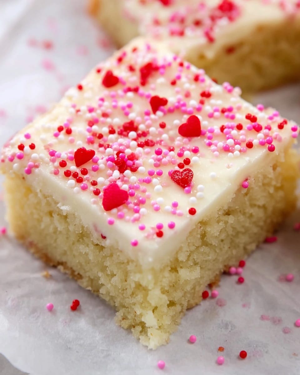 A close-up view of a square vanilla cake bar with two layers; the bottom layer is a pale yellow moist cake, and the top layer is a creamy white frosting. The frosting is evenly spread and decorated with small round sprinkles in shades of red and pink scattered all over the surface. The cake sits on white parchment paper placed on a white marbled texture background. Photo taken with an iphone --ar 4:5 --v 7
