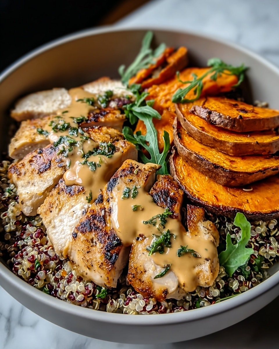 The dish is presented in a white bowl filled with three main layers: at the bottom, there is a base of light-colored quinoa with red and purple grains mixed in, giving it a textured look; next to it are bright orange, grilled sweet potato slices, slightly charred around the edges and stacked loosely; on top, thick slices of grilled chicken breast with a golden sear and visible grill marks, drizzled with a creamy light brown sauce speckled with green herbs, and garnished with fresh green leaves scattered over the chicken and sides. The bowl sits on a white marbled surface. photo taken with an iphone --ar 4:5 --v 7