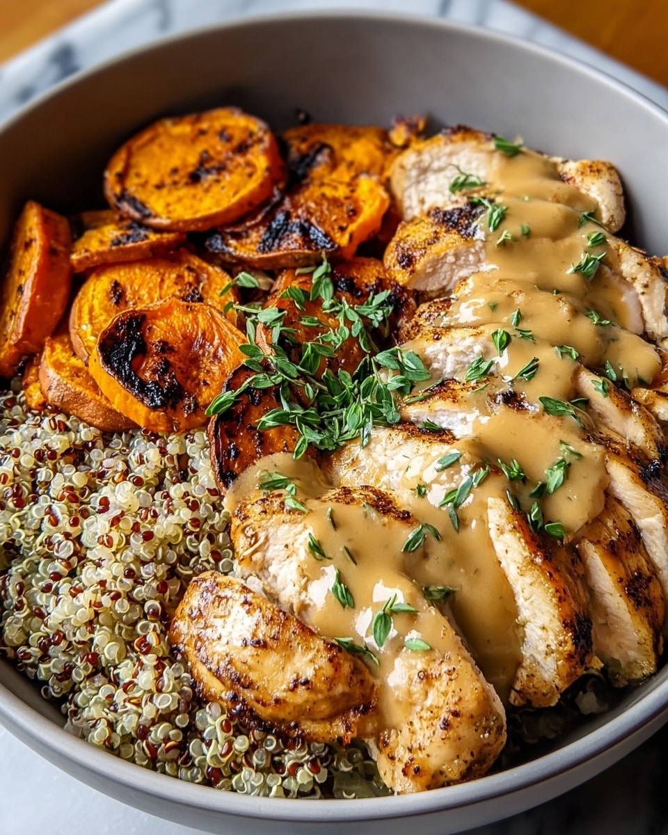 A bowl filled with three main layers: the bottom layer is cooked quinoa with a mix of white, light yellow, and red grains; next to it is a layer of roasted sweet potato chunks and slices, charred with a rich orange color and dark grill marks; on top are several grilled chicken breast slices with a golden brown surface, covered in a light brown creamy sauce with green herb pieces scattered across, garnished with fresh green herb sprigs. The bowl is white, and the scene rests on a white marbled texture. Photo taken with an iphone --ar 4:5 --v 7