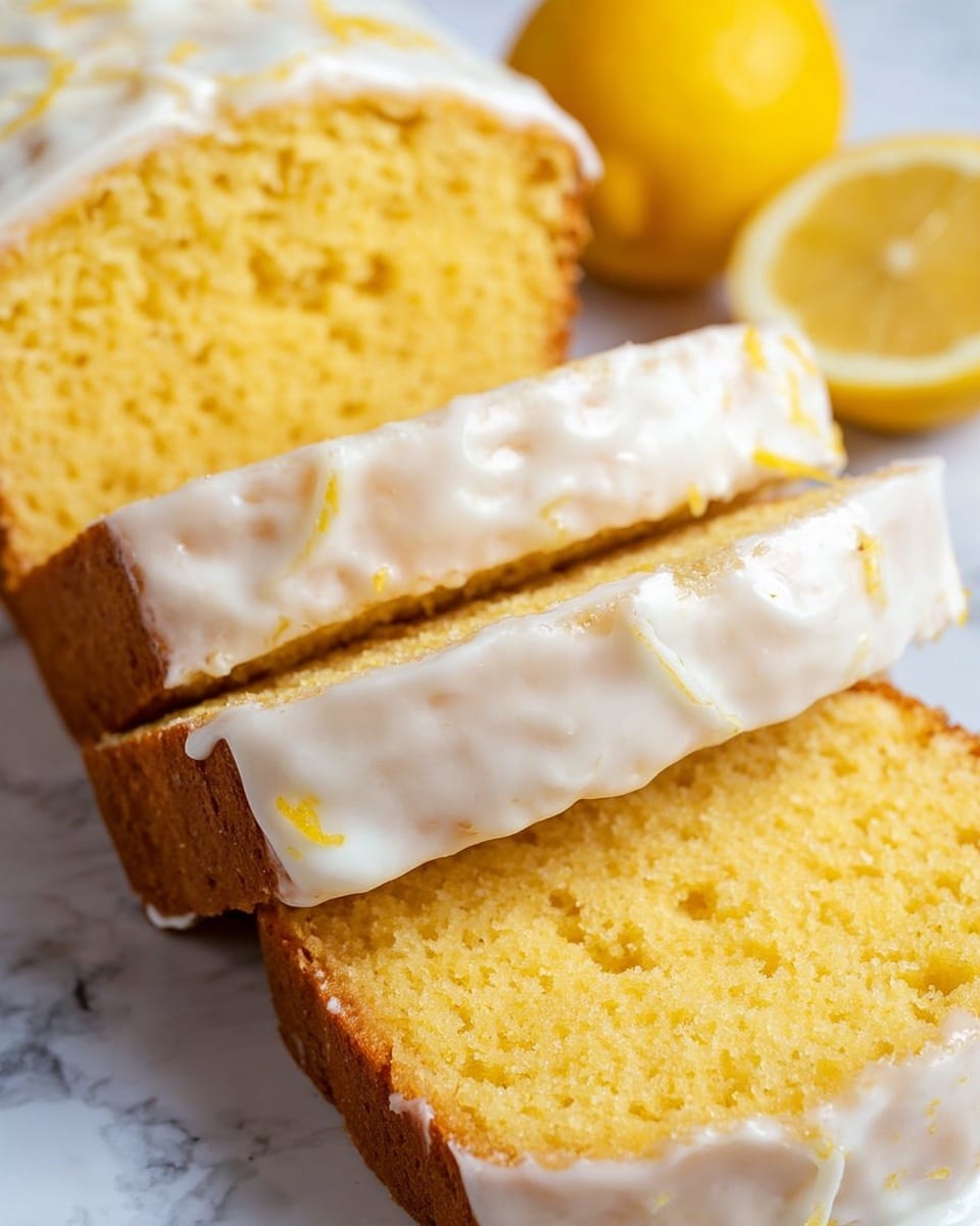 The image shows a loaf of yellow lemon cake sliced into four pieces, each slice revealing a moist, crumbly texture. The cake has a thick layer of white icing spread unevenly on top and slightly dripping down the sides. The background features a white marbled surface with two bright yellow lemons placed nearby for a fresh, vibrant look. photo taken with an iphone --ar 4:5 --v 7
