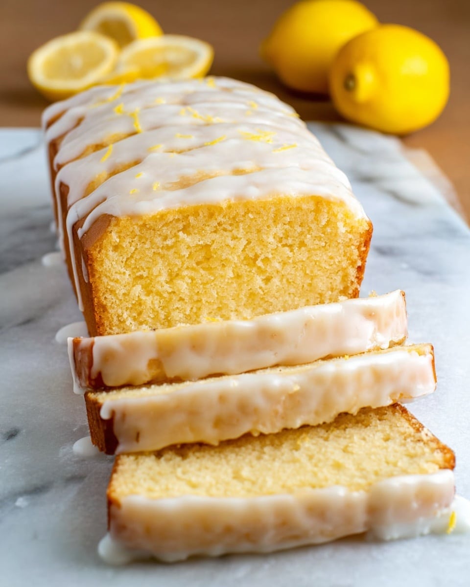 A loaf of lemon cake is shown on a white marbled surface, partially sliced with four thick pieces laid out in front. The cake has a soft, moist texture with a pale yellow color inside and a thin layer of glossy white icing spread evenly on top and slightly dripping down the sides. Three whole lemons are blurred in the background and around the cake, adding a bright yellow touch to the scene. The lighting is soft, highlighting the cake’s smooth texture and fresh appearance. Photo taken with an iphone --ar 4:5 --v 7