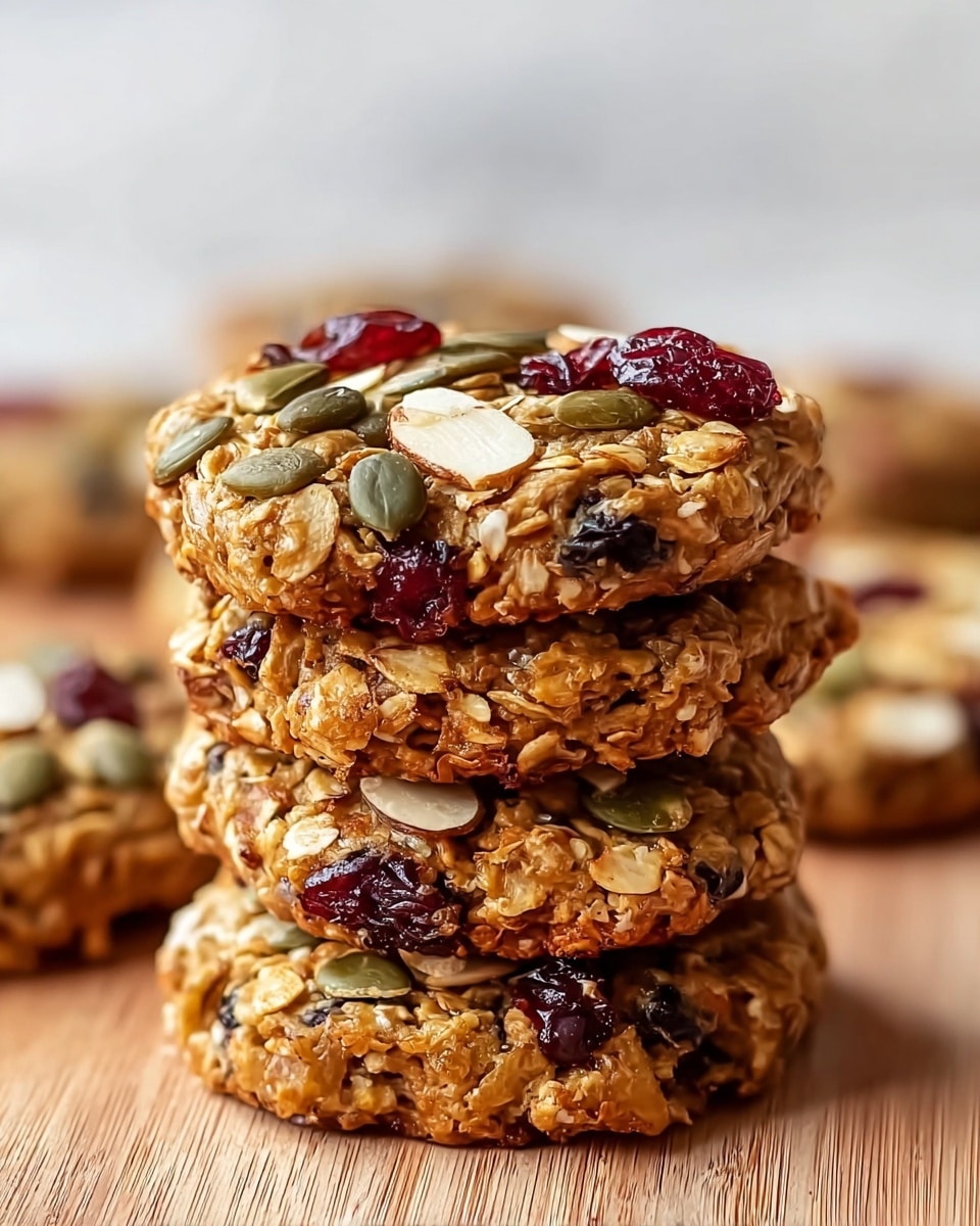 A close-up view of a stack of seven round granola cookies on a wooden surface, with one cookie leaning against the stack. Each cookie is thick and textured, showing layers of oats mixed with nuts and seeds. The top layer is decorated with visible green pumpkin seeds, reddish dried cranberries, light brown almonds, and creamy white peanuts, all embedded in a golden-brown baked oat base. The cookies have a rough, crunchy surface with oats and nuts packed tightly together, and the edges are slightly uneven. The background is plain black. Photo taken with an iphone --ar 4:5 --v 7