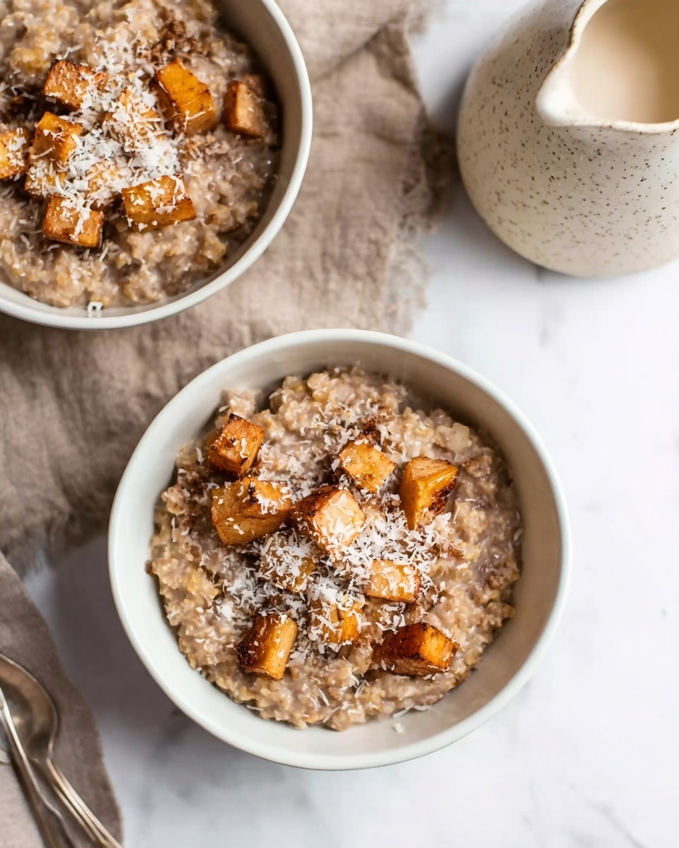 The image shows two white bowls filled with a soft, textured oatmeal-like dish with a brownish color, topped with small, cubed pieces of browned fruit or vegetable, likely sweet potato or apple, speckled with a light dusting of white shredded flakes, possibly coconut. The bowls sit on a light brown rough fabric placed on a bright white marbled surface. To the right, there is a cream-colored pitcher with a speckled texture partially visible. The overall feel is warm and cozy with soft natural light. photo taken with an iphone --ar 4:5 --v 7