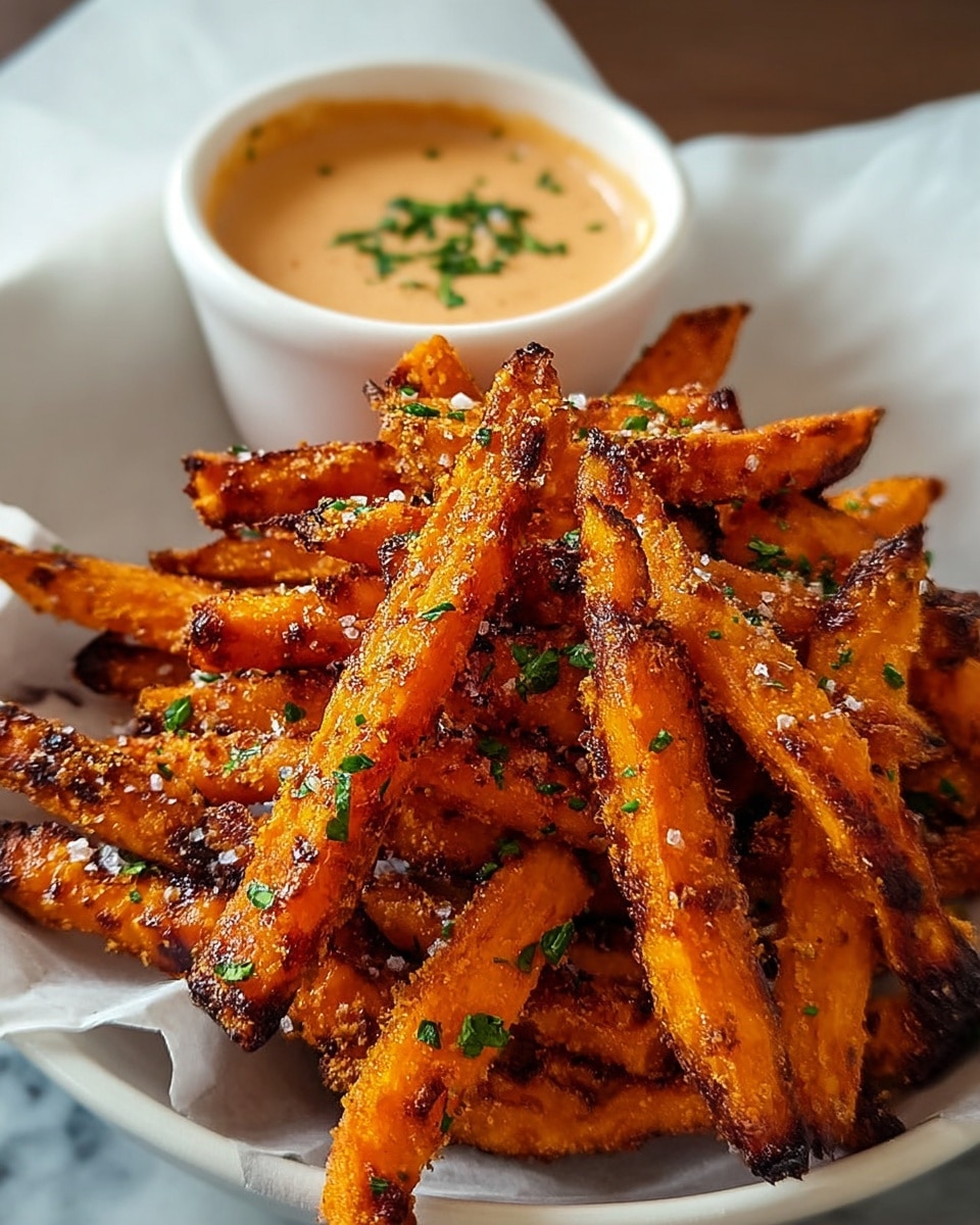 A white bowl holds a pile of crispy sweet potato fries, each fry bright orange with dark brown, charred spots and a coarse texture, sprinkled lightly with green chopped herbs and coarse salt. Behind the fries, a white round dish contains a creamy, light brown dipping sauce with some green herb bits on top. The fries rest on white parchment paper, all set on a white marbled surface. Photo taken with an iphone --ar 4:5 --v 7
