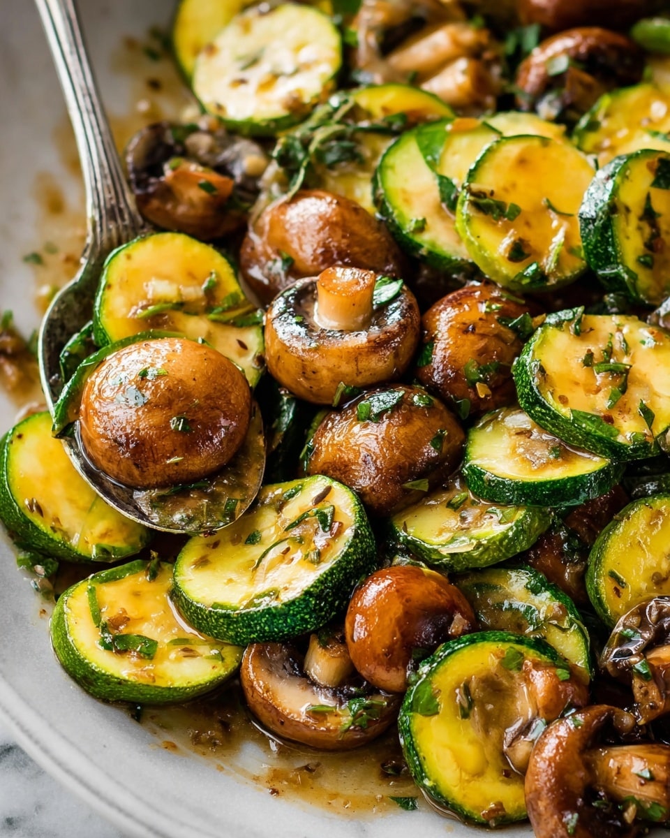 The image shows a close-up of a cooked dish with two main layers mixed together: green zucchini slices with soft yellow centers, some with seeds visible, and brown mushrooms with shiny textures, some whole and others sliced in half showing their smooth inner caps. The vegetables are coated in a glossy, oily sauce with small green herb pieces sprinkled throughout. A silver spoon is partly embedded in the mixture, slightly lifting some mushrooms. The whole scene is set on a white marbled surface with soft lighting casting gentle shadows. photo taken with an iphone --ar 4:5 --v 7