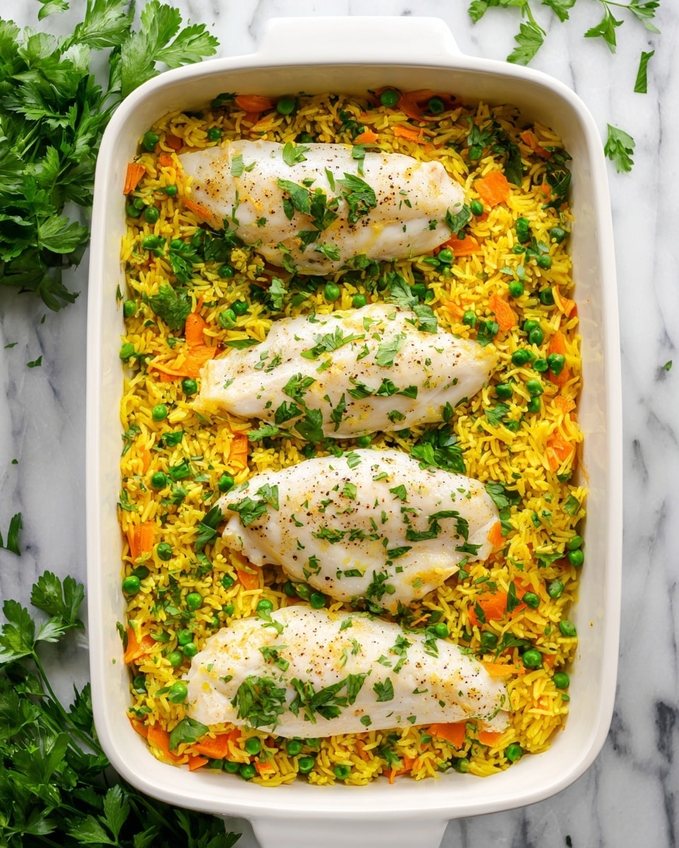 A white rectangular baking dish filled with a base layer of yellow rice mixed with orange shredded carrots and small green peas spread evenly, topped with four large, smooth, white chicken breasts arranged in a single row across the middle, each piece lightly seasoned with black pepper. Fresh green chopped parsley is sprinkled generously over the chicken and rice, adding a fresh contrast of color. The dish is placed on a white marbled surface with some extra parsley nearby. Photo taken with an iphone --ar 4:5 --v 7