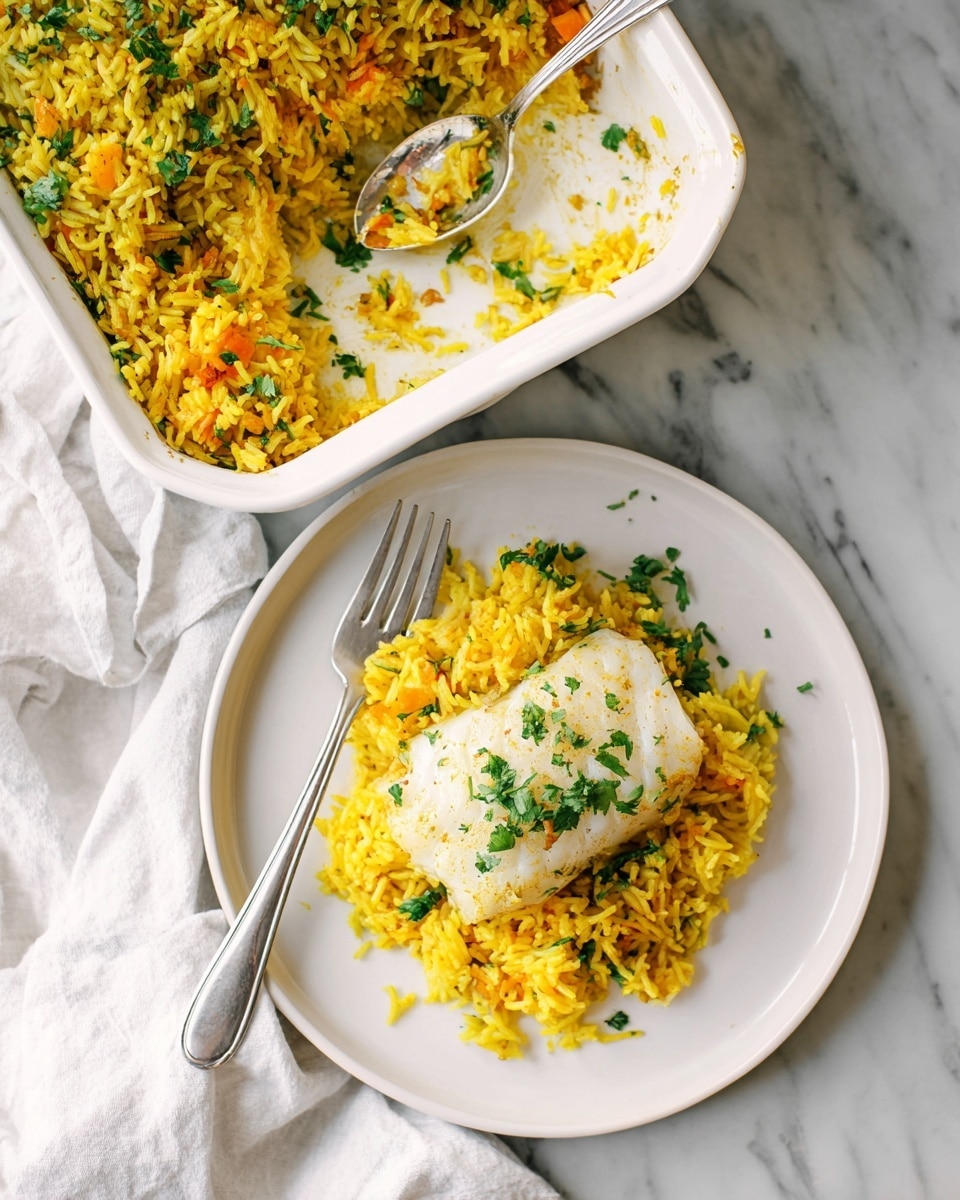 A white round plate on a white marbled surface holds a bed of yellow rice mixed with small bits of orange and green herbs. On top of the rice is a single piece of cooked white fish with a light golden hue, sprinkled with chopped green herbs. A silver fork rests on the right side of the plate. Above the plate, a white rectangular baking dish partially filled with the same yellow rice, garnished with green herbs, sits on the white marbled surface. A silver spoon rests inside the baking dish with some rice on it. A white cloth is placed to the left of the plate. photo taken with an iphone --ar 4:5 --v 7
