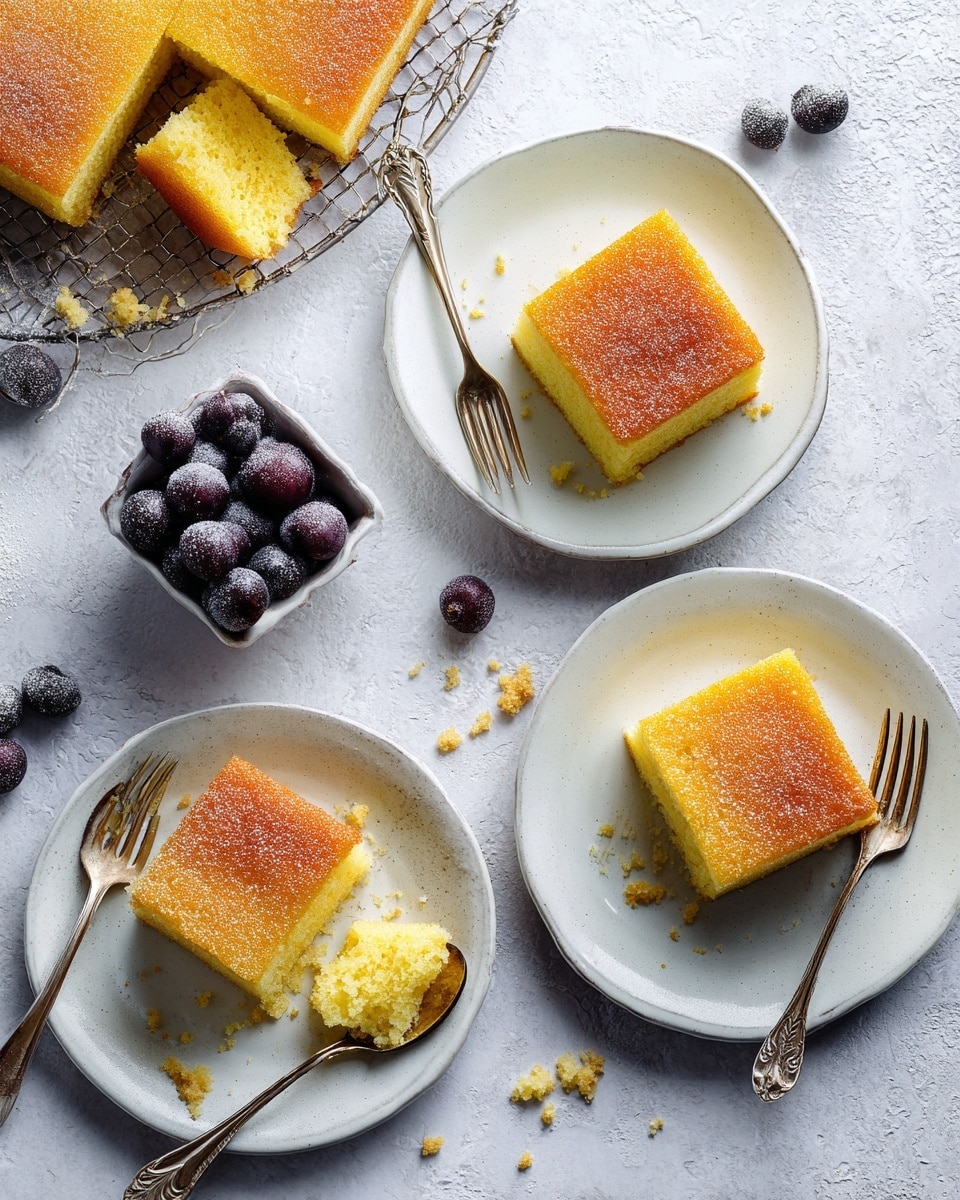 The image shows four white plates with a single square piece of yellow cake on each. Each cake piece has a golden brown, slightly crispy top layer with a soft yellow middle layer visible. Two plates have vintage silver forks beside the cake, one plate has a vintage silver spoon with a bite of cake on it. The plates are arranged on a white marbled textured surface scattered with cookie crumbs. To the left side, a small white metal container holds several frozen dark purple blackberries with frosty crystal details. In the top left corner, a cooling rack holds a larger piece of the same cake visible in the plates. Photo taken with an iphone --ar 4:5 --v 7