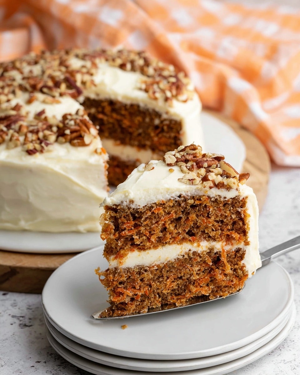 The image shows a two-layer carrot cake with a creamy white frosting covering the entire cake. Between the two layers of moist, brownish-orange carrot cake is a thick, even layer of the same white frosting. The top of the cake is decorated with chopped pecans scattered across the frosting. A slice is being lifted from the white plate by a metal spatula, revealing the carrot cake’s dense, textured interior. In the background, a soft orange and white checkered cloth is slightly blurred, and the surface is a white marbled texture. photo taken with an iphone --ar 4:5 --v 7