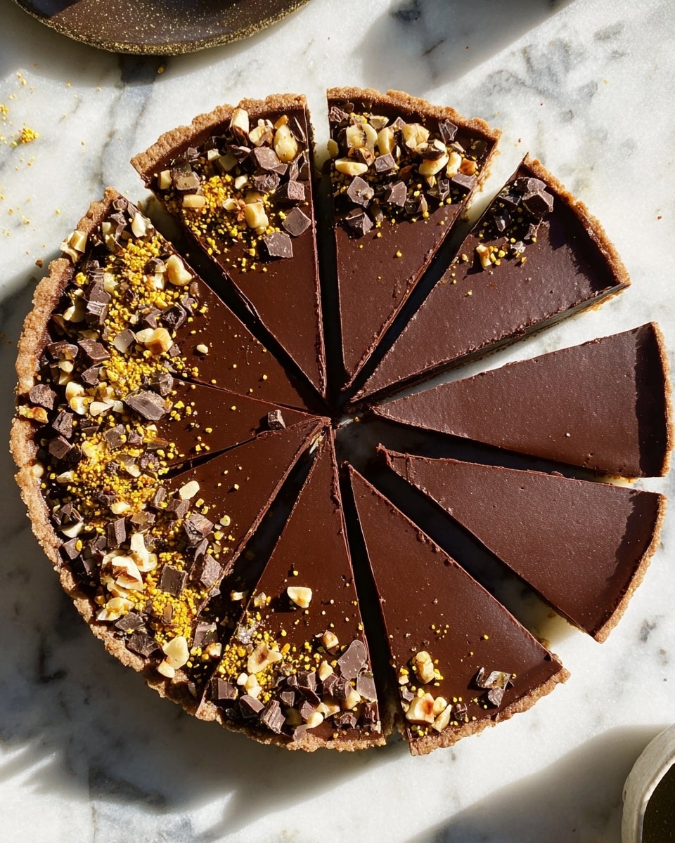 A round chocolate tart sliced into eight even pieces sits on a white marbled surface, with a smooth, rich dark brown chocolate layer covering the top. The tart is decorated unevenly with chopped nuts, small chocolate chunks, and tiny yellow-orange bee pollen granules, mostly concentrated on the left half and scattered edges, adding texture and color contrast. The crust is thin and light in color, providing a base to the glossy chocolate filling. The background includes sunlight casting soft shadows around the tart, enhancing the textures and warm tones of the toppings. Photo taken with an iphone --ar 4:5 --v 7