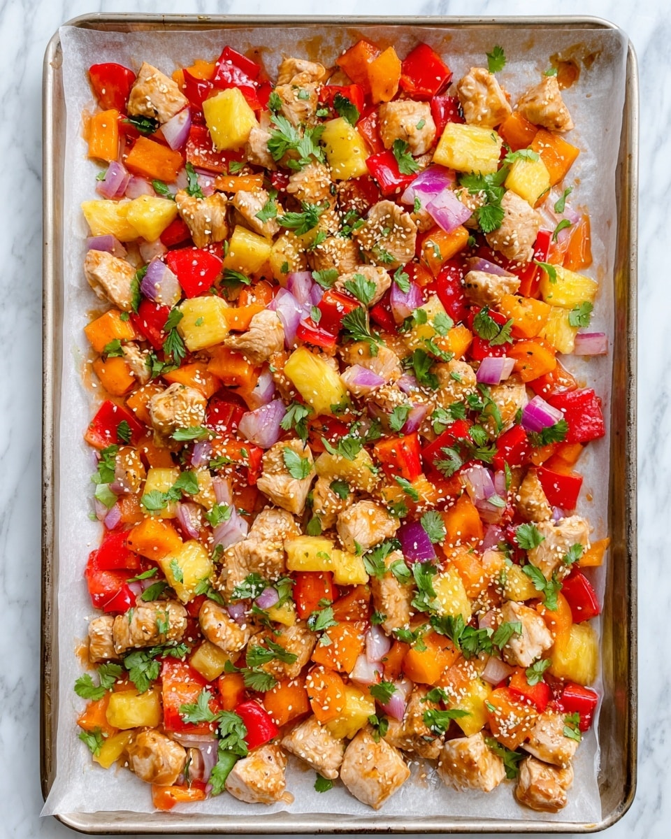 A baking tray lined with white parchment paper holds a vibrant mix of diced chicken pieces and colorful vegetables. The dish features chunky red and orange bell pepper cubes, golden yellow pineapple chunks, and light purple onion pieces scattered evenly across the tray. The chicken chunks are cooked to a light golden brown with a slightly crispy texture. Sprinkled on top are sesame seeds and fresh green cilantro leaves adding a fresh, lively contrast. The entire dish looks juicy and well-coated with a light glaze that gives a slight shine to the ingredients. The tray rests on a white marbled surface photo taken with an iphone --ar 4:5 --v 7