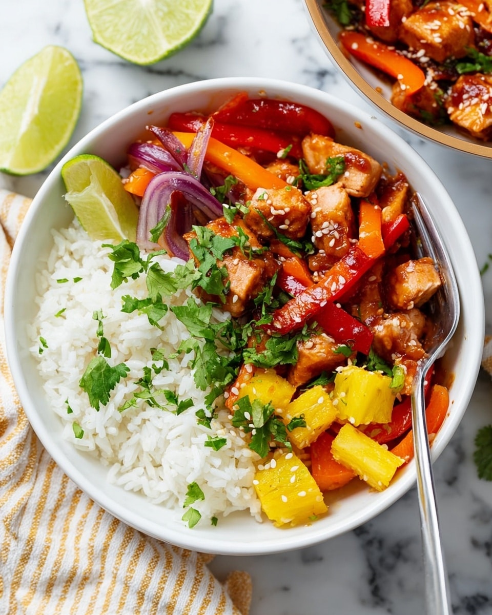 A white bowl filled with cooked white rice takes up about half of the bowl's space and is topped with a small lime wedge at the edge. Next to the rice is a colorful stir-fry mix with pieces of cooked chicken, red and orange bell peppers, and purple onion, all drizzled with a reddish-brown sauce. The stir-fry is garnished with fresh green cilantro leaves and small chunks of yellow pineapple, sprinkled lightly with white sesame seeds. A fork is placed on the right side of the bowl, resting on the rim. The bowl sits on a white marbled surface with a beige and white striped cloth partially visible in the background. Photo taken with an iphone --ar 4:5 --v 7
