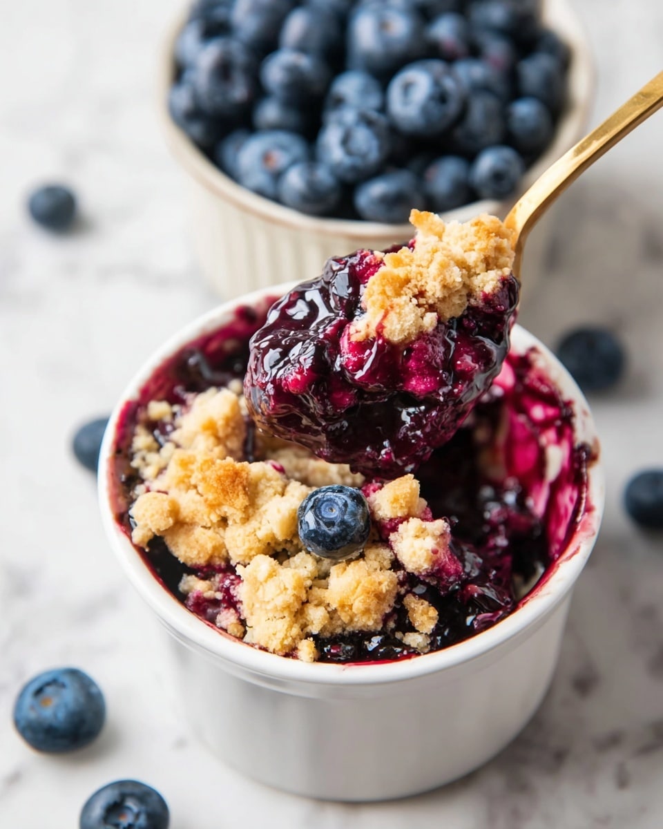 A white cup filled with a layered blueberry crumble dessert is centered in the image, showing glossy dark purple and deep red cooked blueberries with some whole berries visible within the juicy filling, topped with a rough, chunky golden crumble layer that looks soft and crumbly. A gold spoon lifts a scoop from the cup, mixing the crumble and jammy berry filling. Behind it, a second white cup filled with fresh, plump, deep blue blueberries sits slightly out of focus. A few loose blueberries are scattered around the cups on a white marbled surface. photo taken with an iphone --ar 4:5 --v 7