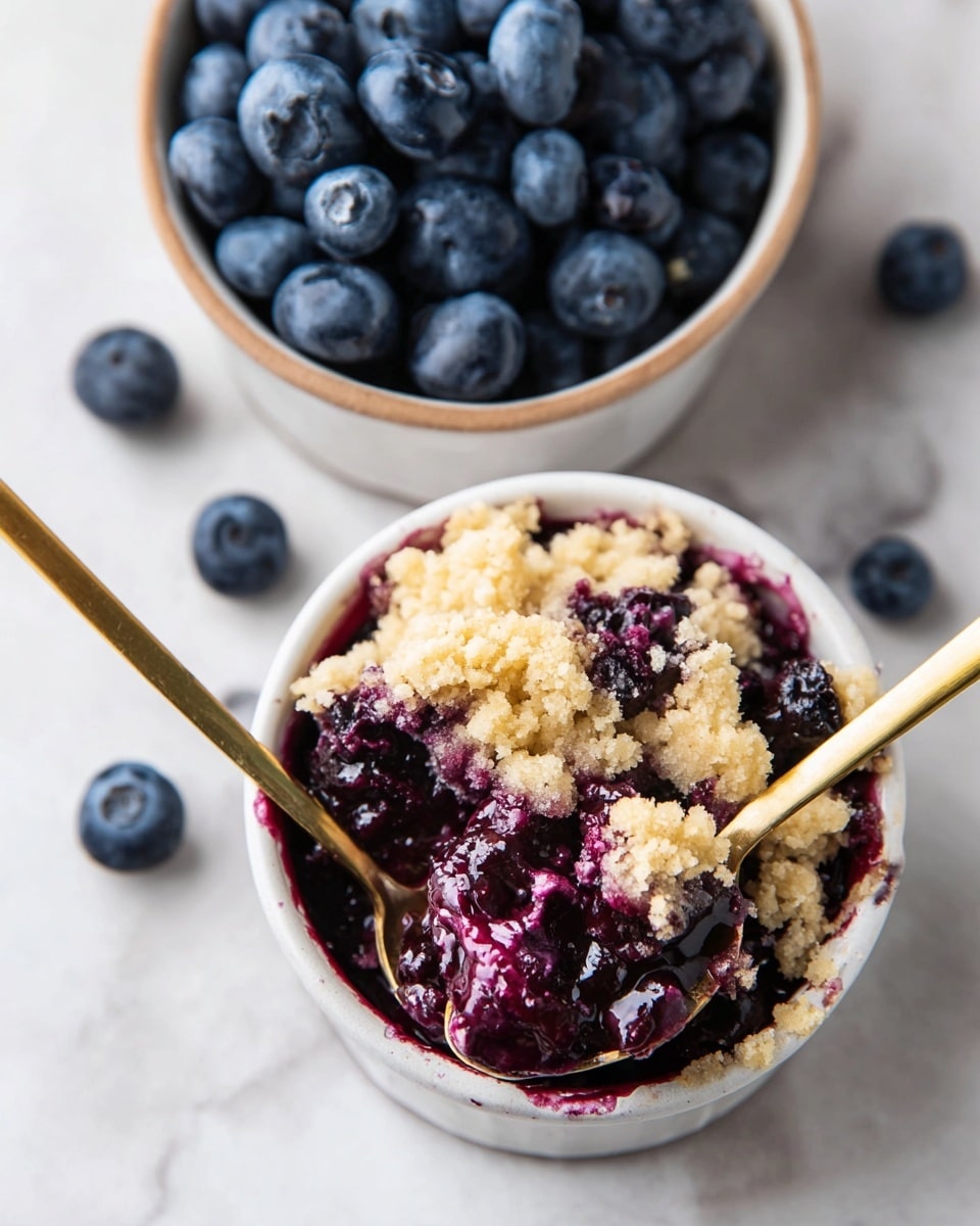 The image shows two small white bowls on a white marbled surface. The top bowl is filled fully with fresh, dark blue blueberries with a smooth texture. The bottom bowl contains a blueberry crumble dessert featuring two distinct layers: the bottom layer is a dark purple and juicy blueberry filling, while the top layer is a light golden crumbly topping with a rough texture. A gold spoon is scooping a portion of the crumble from the bowl, showing both layers clearly. Scattered around the bowls are a few loose blueberries. Photo taken with an iphone --ar 4:5 --v 7