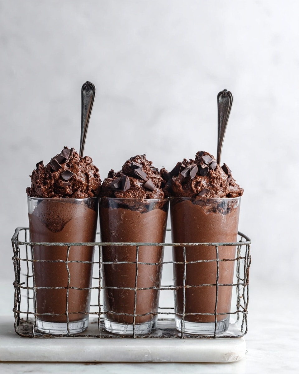 Three tall glass cups filled with dark brown chocolate mousse, each topped with a thick, rich layer of chocolate mousse with visible chunks of chocolate on top, creating a rough, textured surface. Each cup holds a long vintage-style silver spoon inserted into the mousse. The cups are held in a rustic, metal wire holder with a handle, all placed on a white marbled texture. photo taken with an iphone --ar 4:5 --v 7