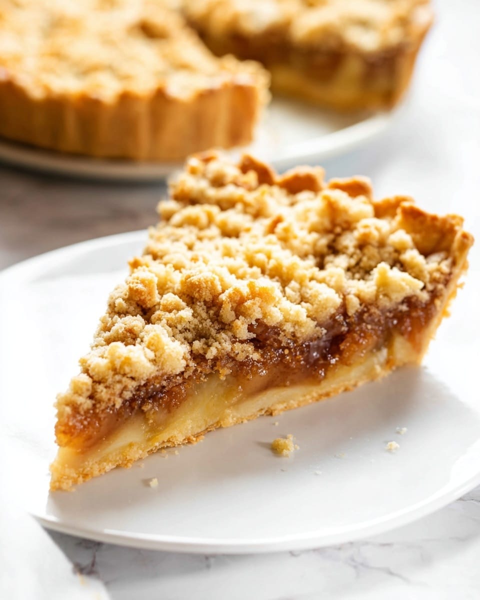 A close-up of a single slice of crumb-topped pie on a clean white plate shows three main layers: a firm, light golden-brown crust base; a soft, slightly translucent middle filling with visible chunks of cooked fruit in warm brown and amber hues; and a thick crumb topping that is pale golden with small, uneven clumps covering the entire slice. The slice is cut from the larger pie in the background, which rests on a white marbled surface. Photo taken with an iphone --ar 4:5 --v 7