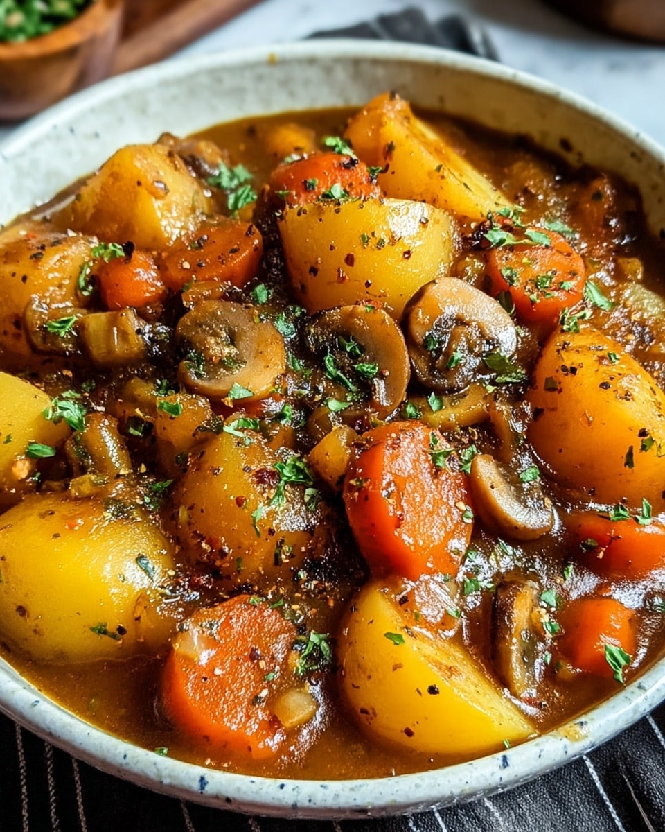 A close-up of a bowl filled with thick vegetable stew showing large chunks of golden yellow potatoes and bright orange carrots mixed with sautéed mushrooms and onions, all coated in a rich brown gravy with visible black pepper flakes. The dish is garnished with finely chopped green herbs scattered on top. The white bowl has a slightly visible pattern on the outside and rests on a dark striped cloth on a white marbled texture. photo taken with an iphone --ar 4:5 --v 7